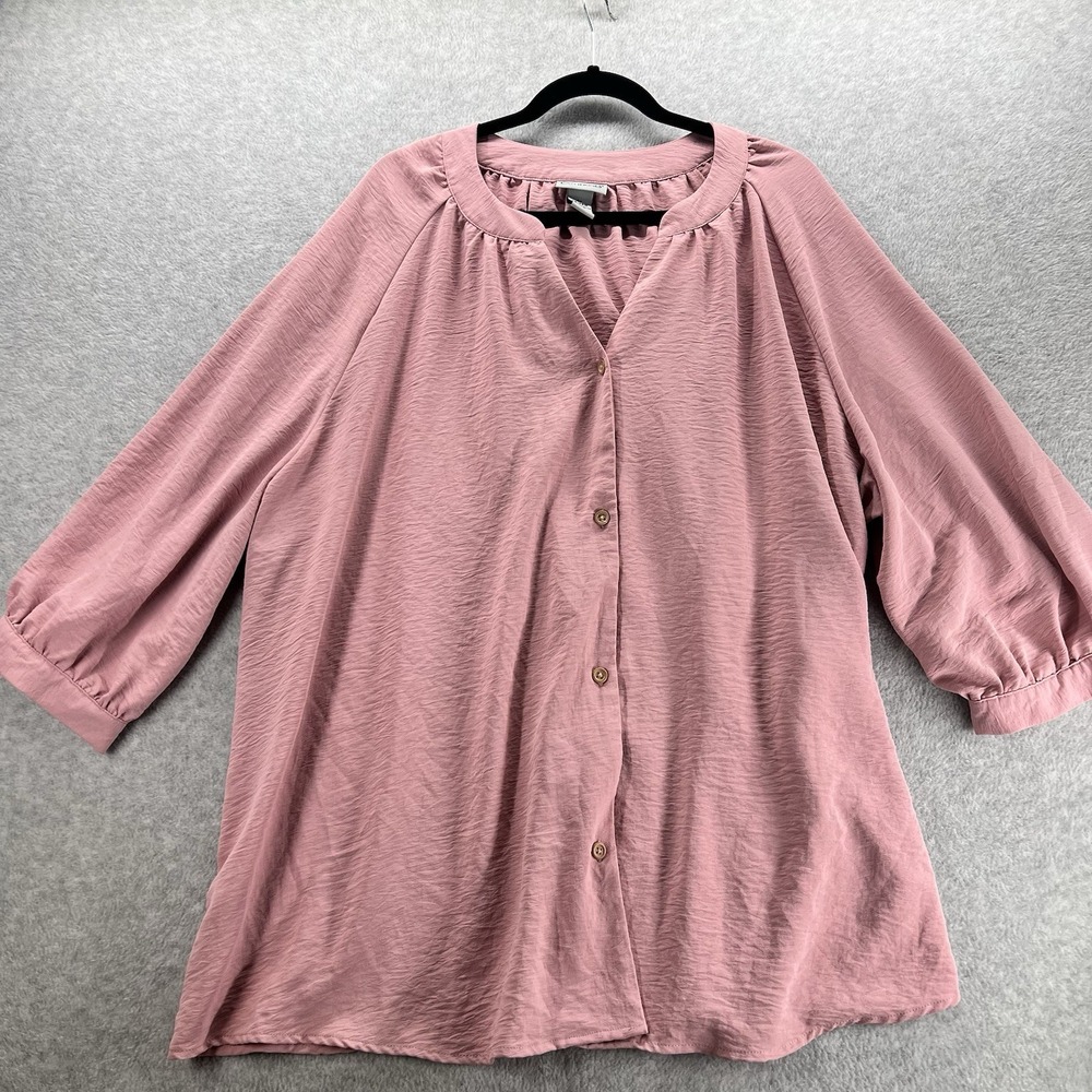 CATHERINES Womens 3X 26/28 Mauve Pink Blouse Button Down 3/4 Sleeve